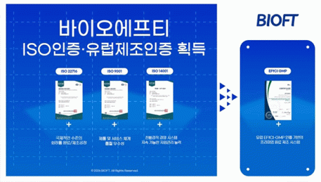 바이오에프티 | BIOFT-㈜바이오에프티, ISO 22716·9001·14001 및 EFfCI GMP 인증 동시 획득…글로벌 표준 경쟁력 강화